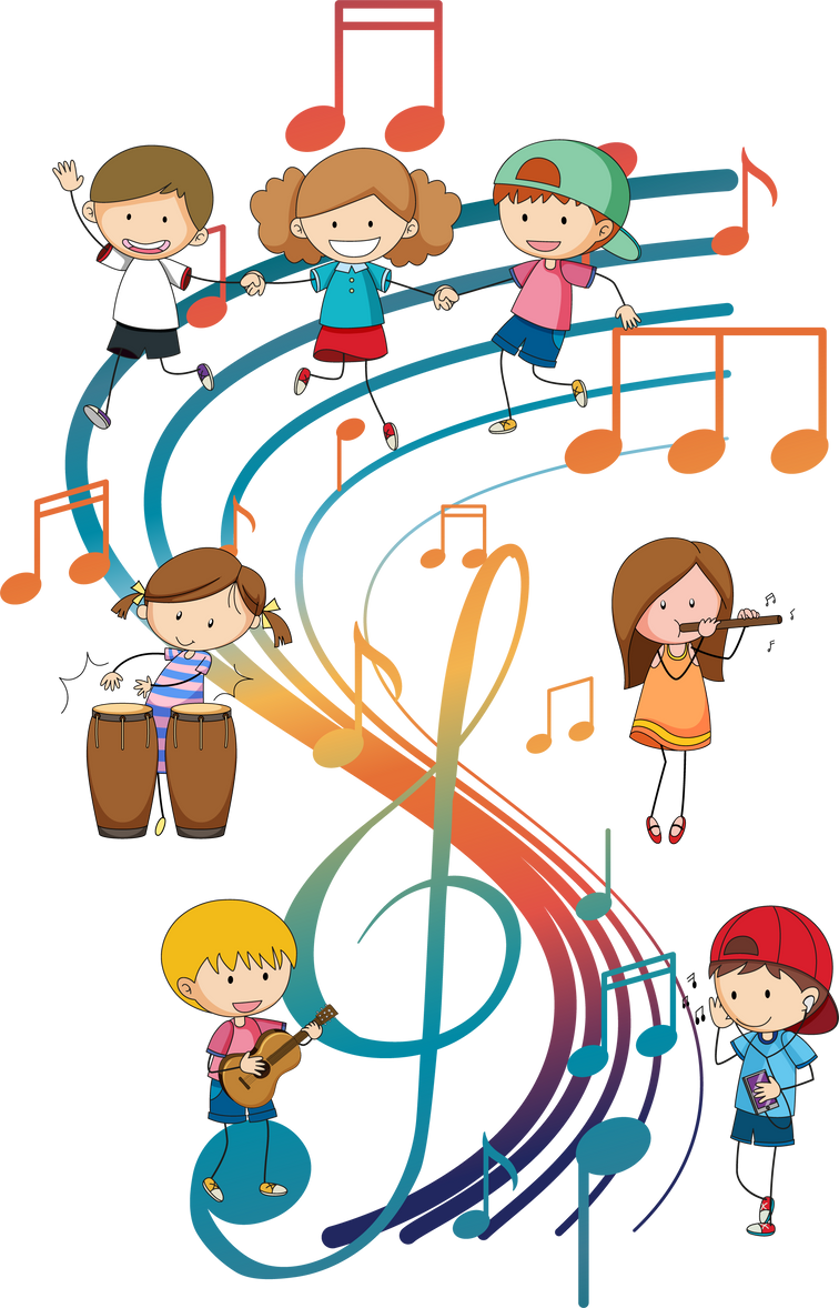 Happy Children Playing Musical Instruments with Music Notes on W